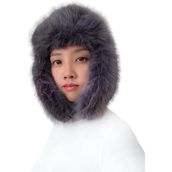 Women's Dark Grey Faux Fur Ski Trooper Winter With Earflap Classic Ushanka Cap - Picture 3 of 3